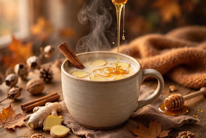 مشروب الحليب الساخن مع القرفة والعسل والزنجبيل